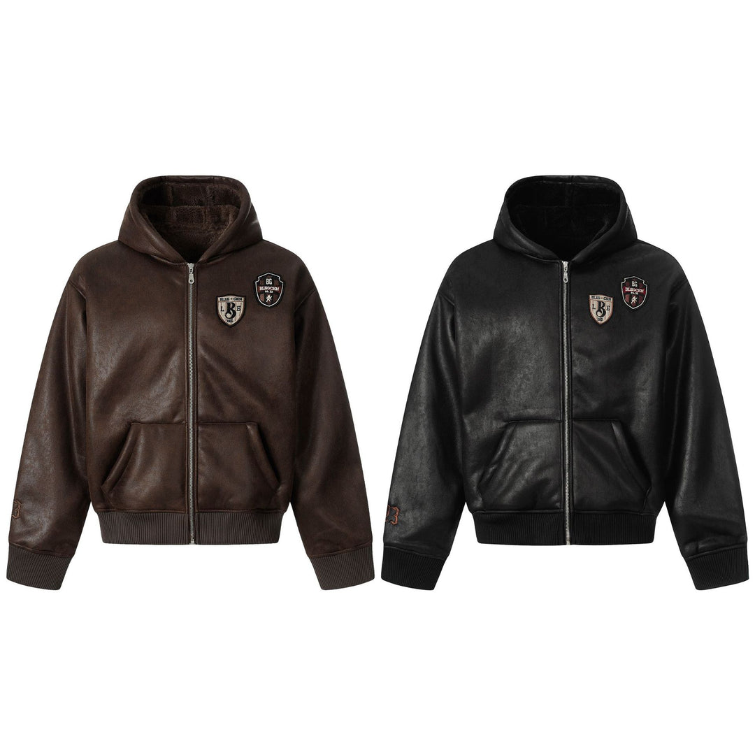 Herren Kapuzen-Lederblouson mit Teddyfutter und Rippbündchen Shop Nory