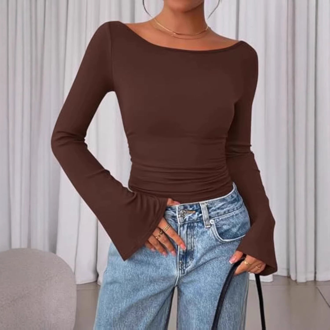 Damen Enganliegendes Langarm-Oberteil mit Carmen-Ausschnitt, Taillenraffung und ausgestellten Ärmeln Shop Nory