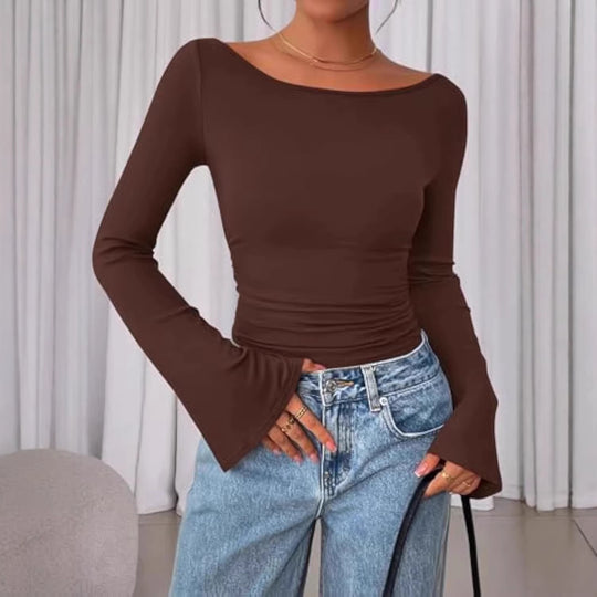 Damen Enganliegendes Langarm-Oberteil mit Carmen-Ausschnitt, Taillenraffung und ausgestellten Ärmeln Shop Nory