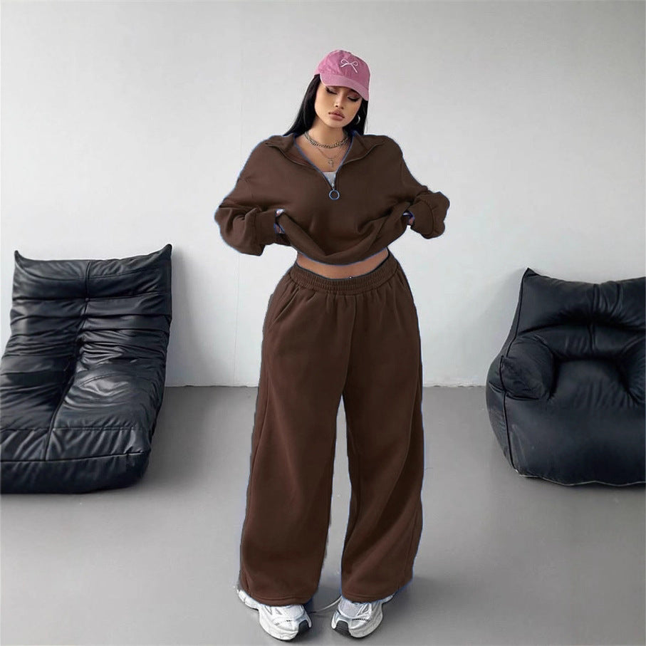 Damen Samt-Cropped-Ziphoodie und weit geschnittene High-Waist Palazzo-Jogginghose Shop Nory