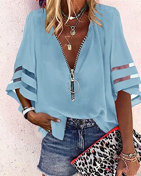 Damen V‑Ausschnitt Bluse mit dekorativem Ringreißverschluss und Cut-Out-Ärmeln Shop Nory