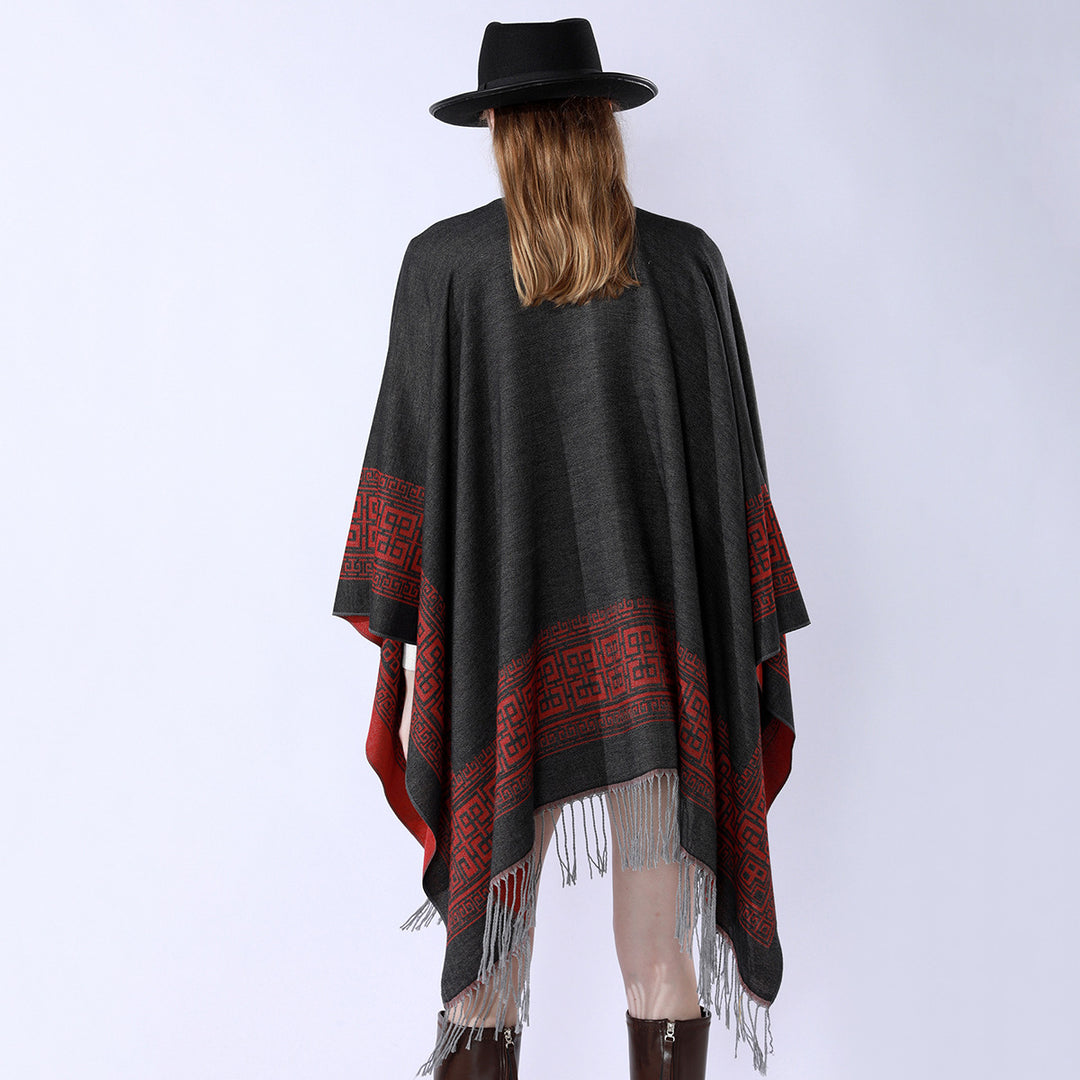 Damen Reversibler Wollmix‑Überwurf im Kimono‑Fall mit ornamentaler Bordüre und Zierfransen Shop Nory
