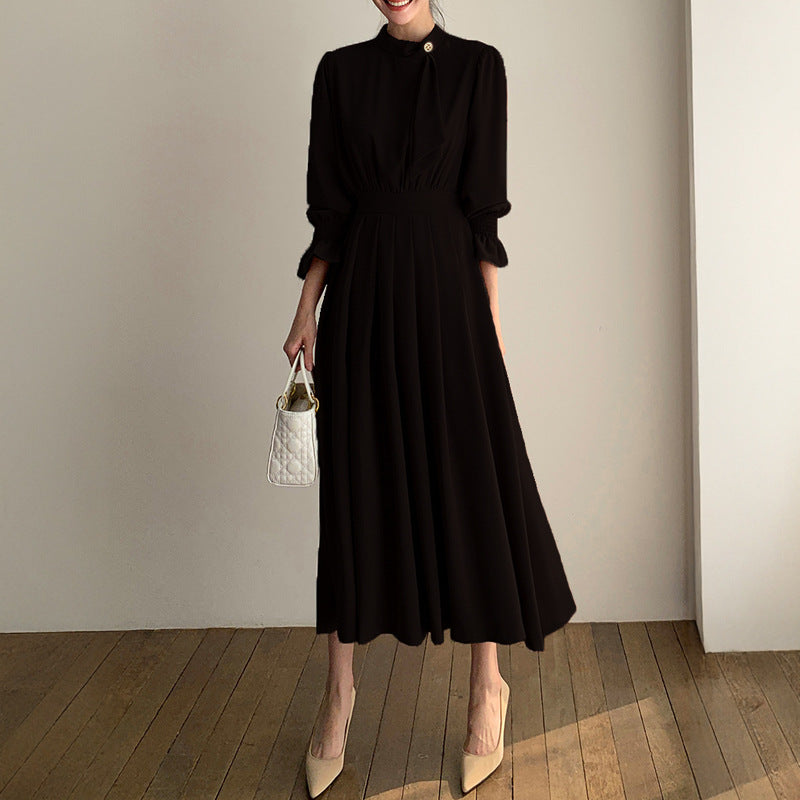 Damen Midikleid mit Stehkragen, Schleifenblende und geraffter Taille Shop Nory