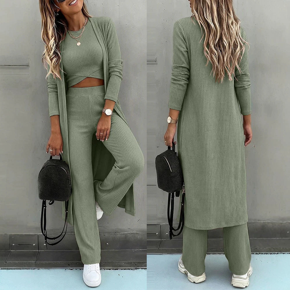 Damen Dreiteiliges Rippstrick-Loungewear-Set mit Longcardigan, bauchfreiem Top und weiter Palazzohose Shop Nory