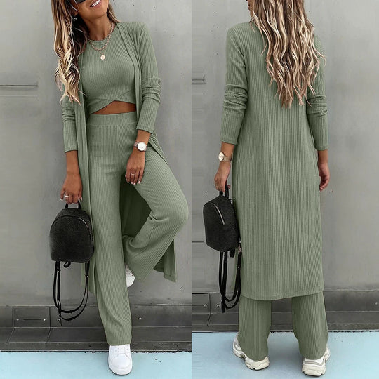 Damen Dreiteiliges Rippstrick-Loungewear-Set mit Longcardigan, bauchfreiem Top und weiter Palazzohose Shop Nory