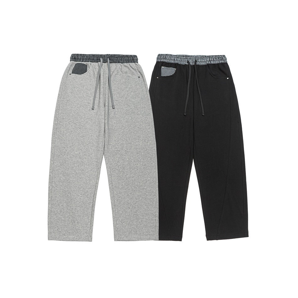 Damen Leichte Sweatpants mit hohem Gummibund, Karomusterbesatz und weitem Cropped Schnitt Shop Nory
