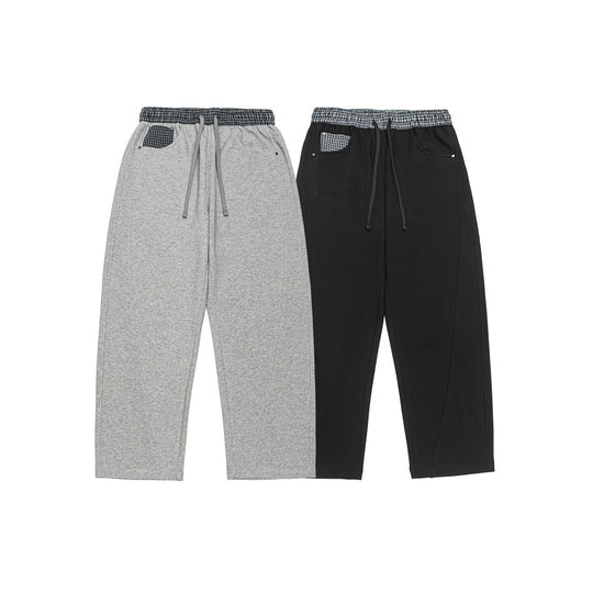 Damen Leichte Sweatpants mit hohem Gummibund, Karomusterbesatz und weitem Cropped Schnitt Shop Nory
