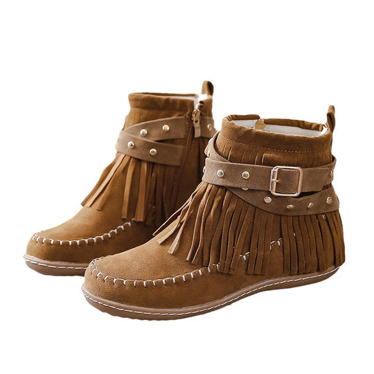 Damen Mokassin-Shortboots mit Fransen, Ziergürtel und handgenähter Mokassinnaht Shop Nory