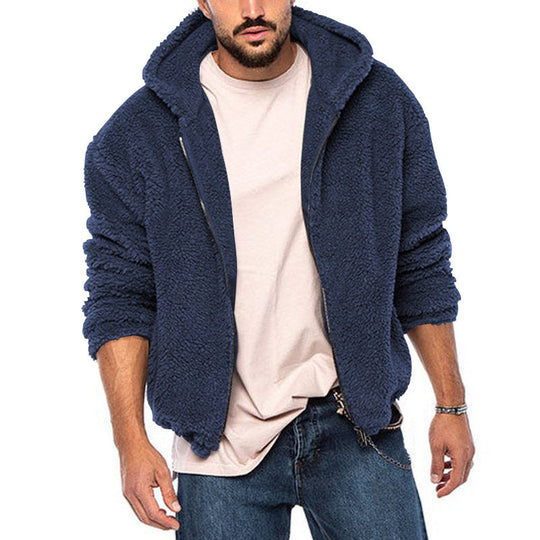 Herren kuschelige Fleecejacke mit großzügiger Kapuze und Reißverschluss