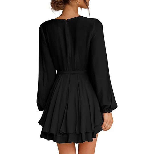 Damen gerafftes Wickelkleid mit tiefem V-Ausschnitt stufigem Volantrock und Bindegürtel Shop Nory