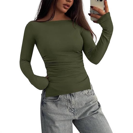 Damen Tailliertes Langarm-Top mit weitem U-Boot-Ausschnitt, Seitlicher Raffung und verlängerten Ärmelbündchen Shop Nory