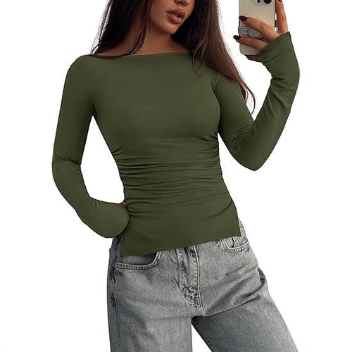 Damen Tailliertes Langarm-Top mit weitem U-Boot-Ausschnitt, Seitlicher Raffung und verlängerten Ärmelbündchen Shop Nory
