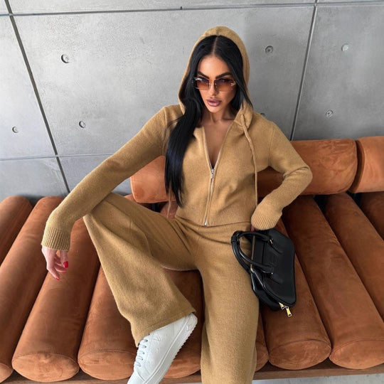 Damen Feinstrick-Loungewear-Set mit taillierter Kapuzenzipjacke und weiter Palazzo-Hose Shop Nory
