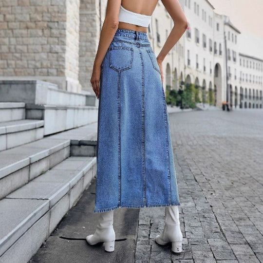 Damen Hochtaillierter Jeans‑Midirock mit vertikalen Nahtpaneelen und aufgesetzten Rundtaschen Shop Nory