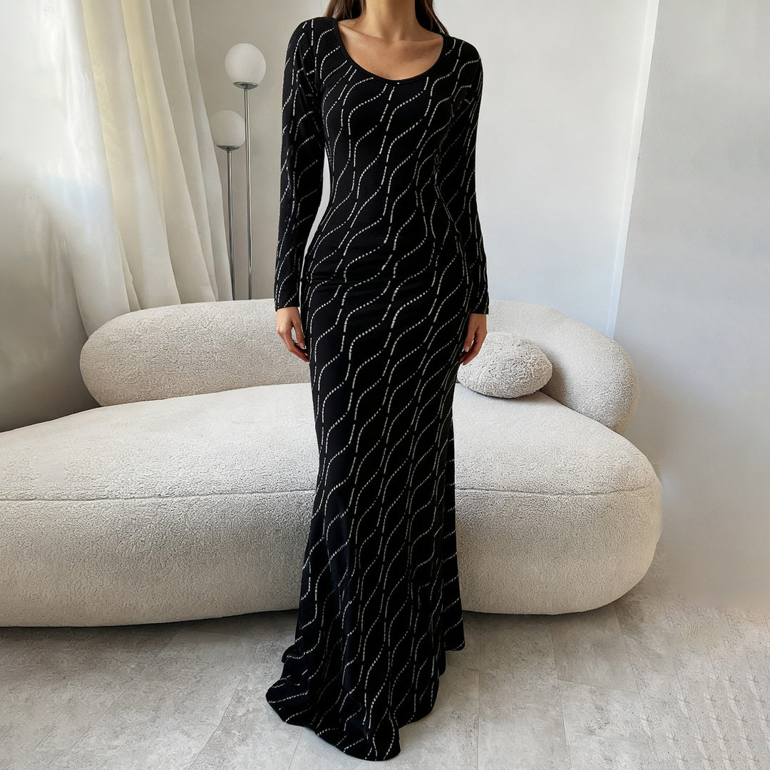 Damen nan langärmeliges Bodycon-Mermaid-Abendkleid mit Wellen-Strassbesatz Shop Nory