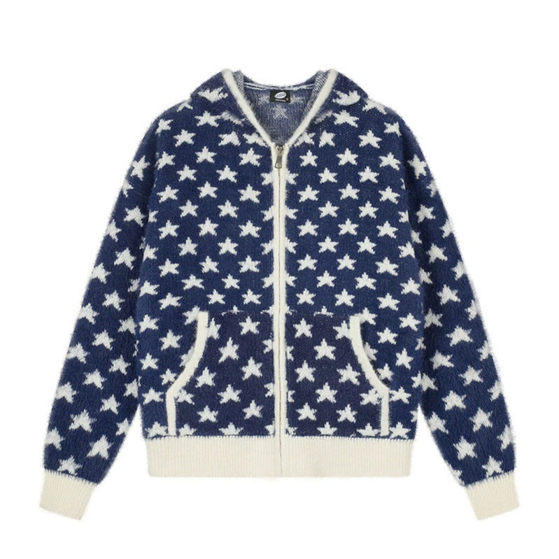 Damen Flauschige Strick-Zipjacke mit Allover-Sternmuster, Kängurutaschen und Rippbündchen Shop Nory