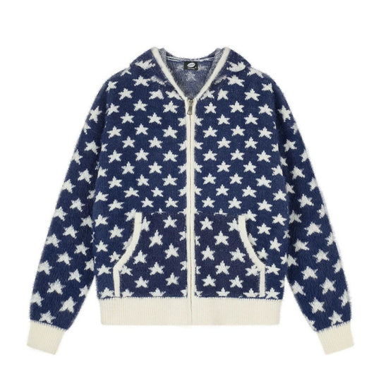 Damen Flauschige Strick-Zipjacke mit Allover-Sternmuster, Kängurutaschen und Rippbündchen Shop Nory
