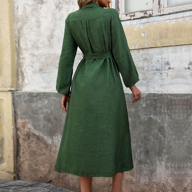 Damen Langärmeliges Hemdblusenkleid im Leinenlook mit Taillenbinder und Frontschlitz Shop Nory