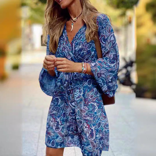 Frauen Boho Mini Kleid mit Paisley-Druck, V-Ausschnitt, gebundenem Gürtel und Ballonärmeln Shop Nory