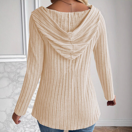 Damen Gerippte Kapuzen-Cardigan-Bluse mit Holzknopfleiste und gerafften Ärmeln Shop Nory