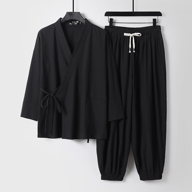 Unisex Entspanntes Kimono-Set mit Wickeljacke, dreiviertelärmeln und elastischer Kordelharemshose Shop Nory