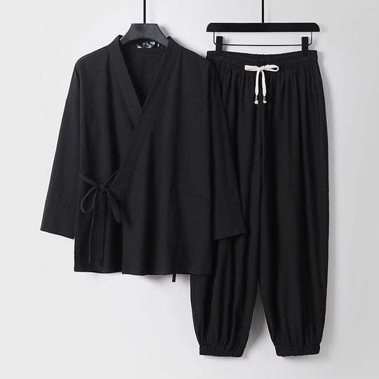Unisex Entspanntes Kimono-Set mit Wickeljacke, dreiviertelärmeln und elastischer Kordelharemshose Shop Nory