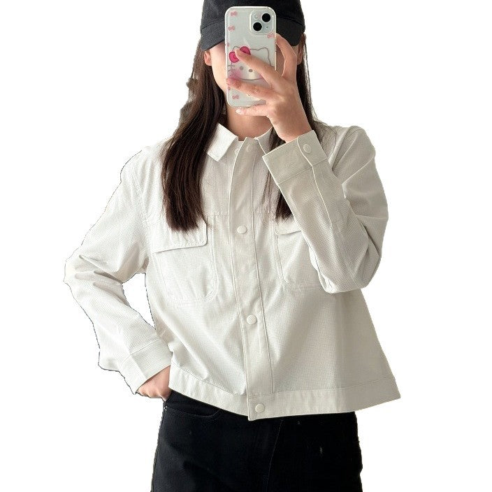 Damen Kurze Overshirt-Jacke aus strukturiertem Canvas mit Brusttaschen Shop Nory
