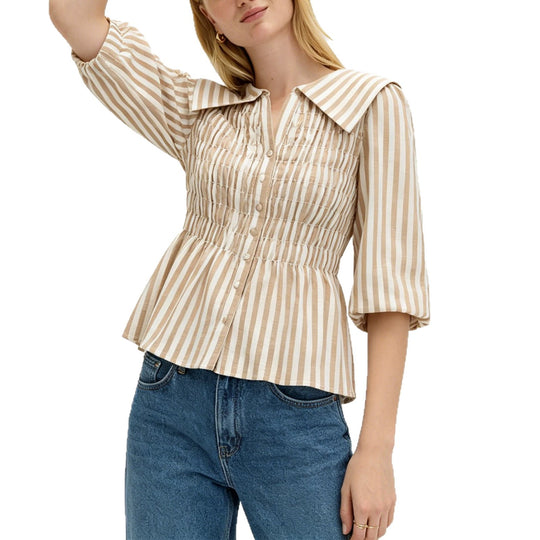 Damen Gestreifte Bluse mit Smok-Büste, großem Reverskragen und Puffärmeln Shop Nory