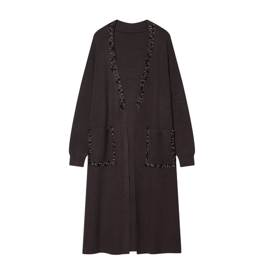Damen lange offene Strickjacke mit Perlenbesatz und aufgesetzten Taschen Shop Nory