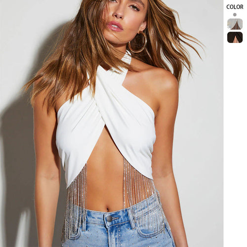 Damen Trendiges Top mit funkelnden Fransen und Wickeldesign Shopnory