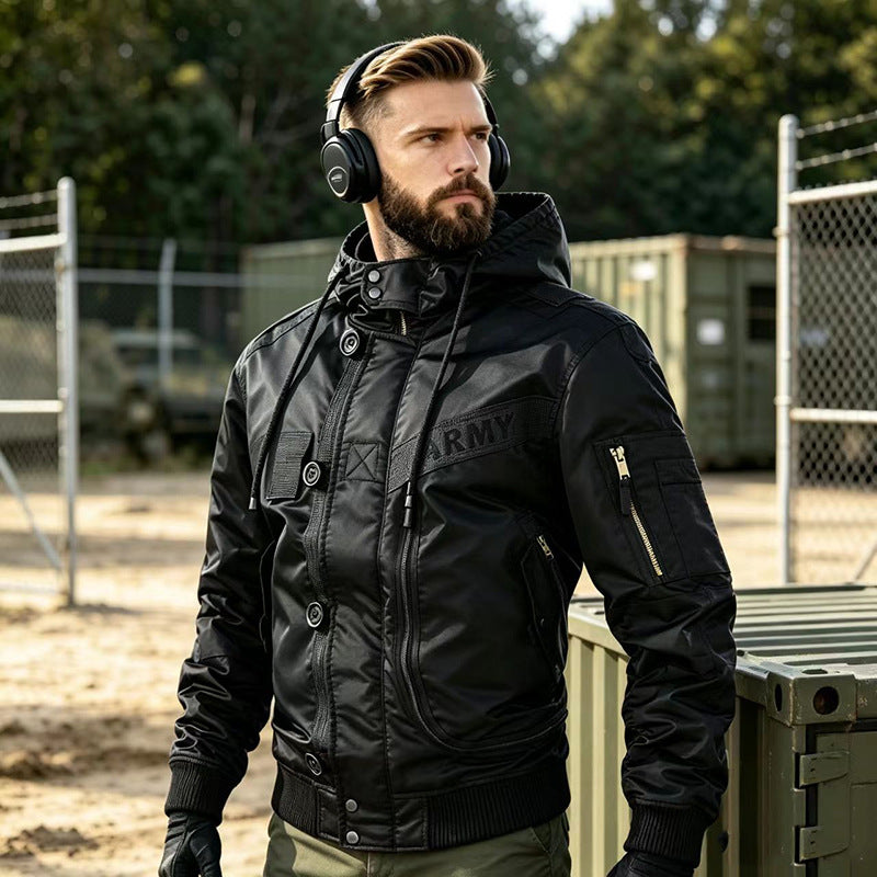 Herren Militärinspirierte Kapuzen-Bomberjacke mit Utility-Taschen Shop Nory
