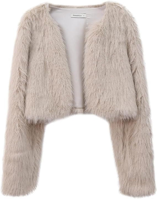 Damen Kurze glamouröse Kunstfelljacke mit lockeren Ärmeln