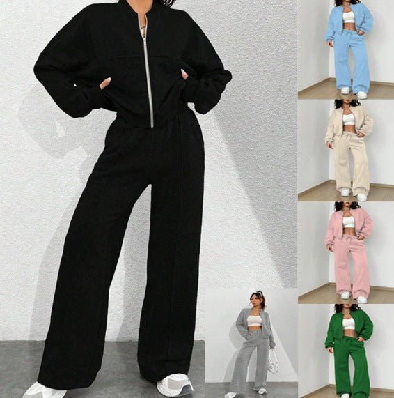 Damen Loungewear-Set mit kurzem Reißverschluss-Bomber und weiter High-Waist Jogginghose Shop Nory