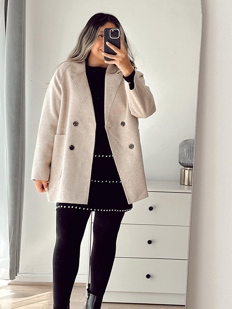 Damen Boxy-Wollmix-Cocoon-Jacke mit doppelreihiger Knopfleiste und weitem Revers Shop Nory