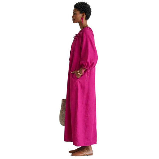 Damen Luftiges Leinenoptik-Maxikleid mit Kordelkragen, Ballonärmeln und Eingrifftaschen Shop Nory