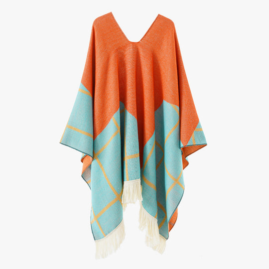 Damen Ornamentaler Jacquard‑Poncho mit V‑Ausschnitt und Fransensaum Shop Nory