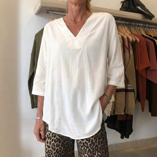 Damen Leichte Oversize V-Ausschnitt Tunika in Leinenoptik mit dreiviertel Ärmeln und abgerundetem Saum Shop Nory