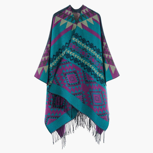 Damen Oversize Jacquard‑Cape im Ethno‑Jacquard mit Fransen Shop Nory