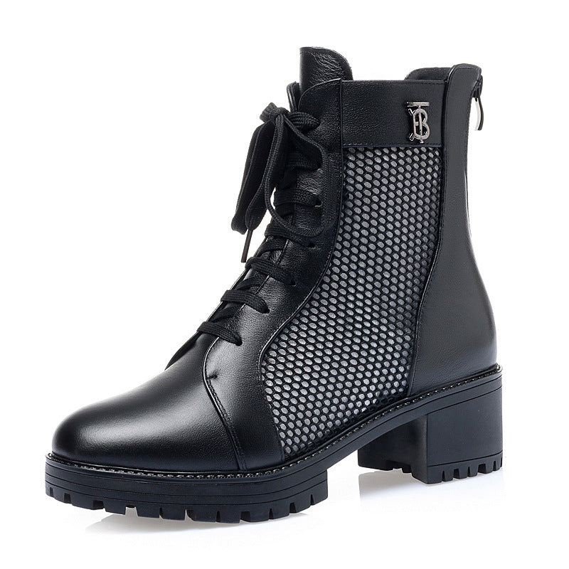 Damen Trendige Schnür-Stiefeletten mit Mesh-Einsatz und robustem Blockabsatz