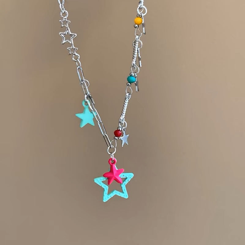 Damen mehrschichtige Kette mit bunten Sternenanhängern Shop Nory