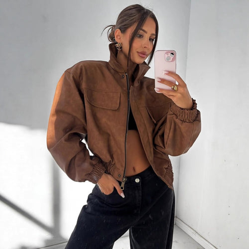 Damen Kurz geschnittene Kunstlederjacke mit aufgesetzten Brusttaschen Shop Nory