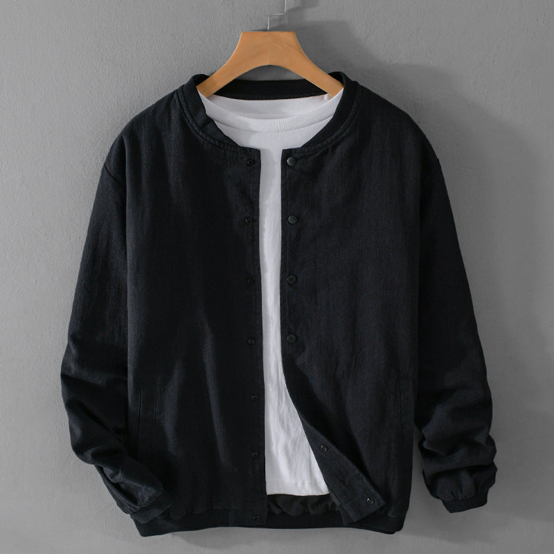 Herren Leichte Leinen-Bomberjacke mit Stehkragen und Druckknöpfen Shop Nory