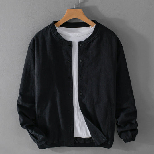 Herren Leichte Leinen-Bomberjacke mit Stehkragen und Druckknöpfen Shop Nory
