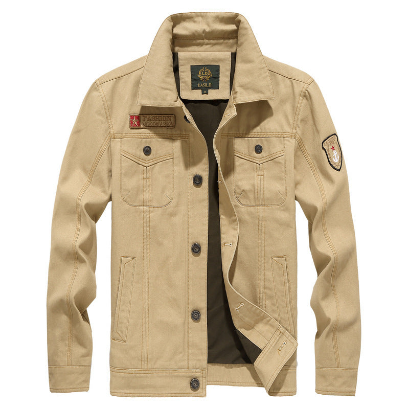 Herren Canvas-Workerjacke im Military-Utility-Stil mit Knopfverschluss, Abzeichen und Brustpattentaschen Shop Nory