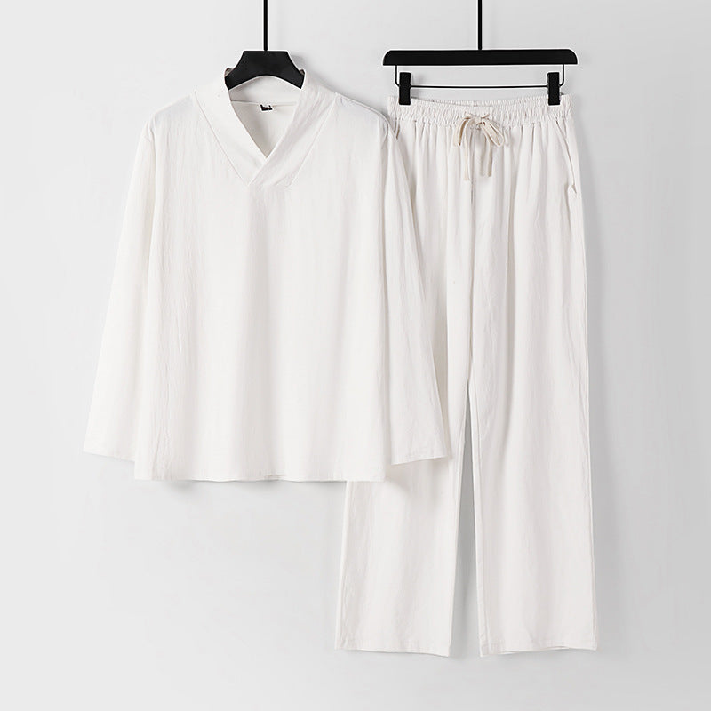 Unisex Zen-inspiriertes Leichtes Loungewear-Set mit V-Ausschnitt-Shirt und Elastischer Kordelbund-Hose Shop Nory