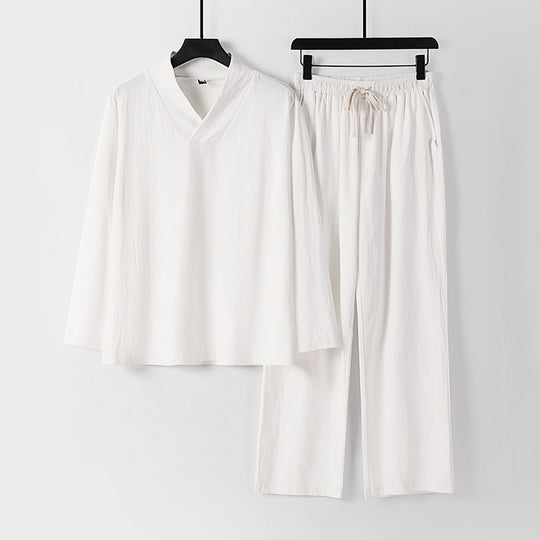 Unisex Zen-inspiriertes Leichtes Loungewear-Set mit V-Ausschnitt-Shirt und Elastischer Kordelbund-Hose Shop Nory