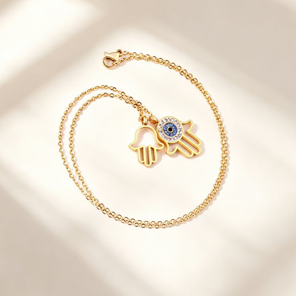 Damen Halskette mit Hamsa-Anhänger aus hochwertigem Edelstahl und funkelnden Zirkonia Shop Nory