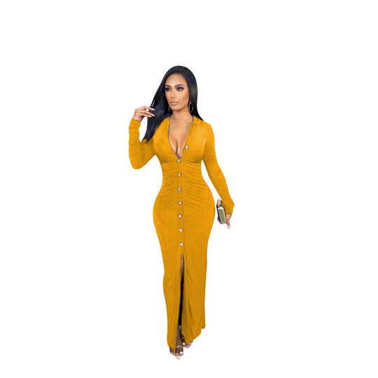 Damen Figurbetontes Maxikleid mit Knopfleiste, Raffung und tiefem V-Ausschnitt Shop Nory