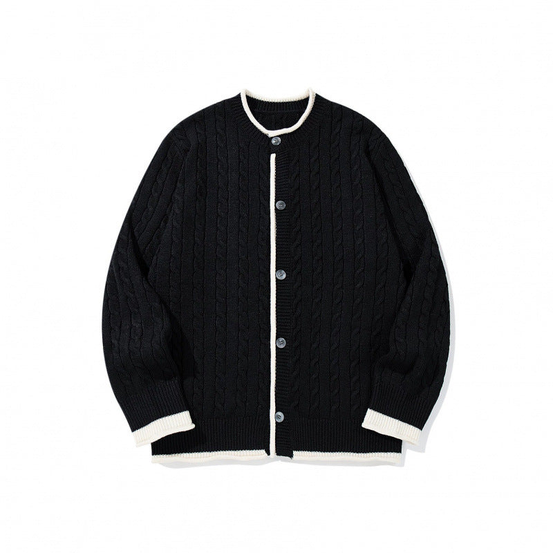 Unisex Feinstrick-Cardigan mit Zopfmuster, Rundhalsausschnitt und Kontrastblende Shop Nory