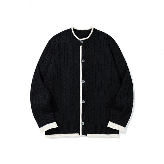 Unisex Feinstrick-Cardigan mit Zopfmuster, Rundhalsausschnitt und Kontrastblende Shop Nory